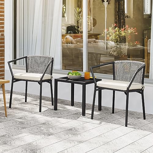 YITAHOME Wicker 3-Piece Outdoor Bistro Set, All-Weather Patio Conversation Set with Stackable Chairs & Table, Outdoor Sectional Furniture Set for Balcony, Backyard, Pool, Porch, Deck - Grayish White