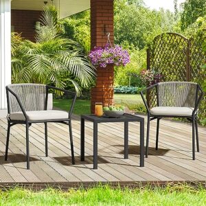 YITAHOME Wicker 3-Piece Outdoor Bistro Set, All-Weather Patio Conversation Set with Stackable Chairs & Table, Outdoor Sectional Furniture Set for Balcony, Backyard, Pool, Porch, Deck - Grayish White