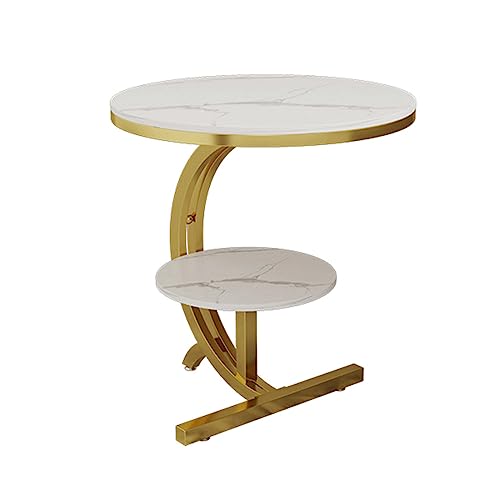 Modern Round Side Table w/Marble Top and Storage Shelf 2 Tier Couch End Table Pedestal Table 20 Inch C-Shaped Snack Coffee Table Display for Living Room Bedroom