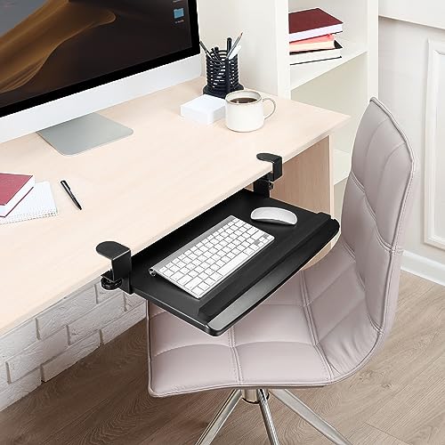 EHO Clamp-On Retractable Adjustable Keyboard Tray, Under Desk Ergonomic Keyboard Tray - Easy Tool-Free Install - Small with Wrist Rest for Enhanced Typing Comfort, Space-Saving, Surface 20" x 11.5"