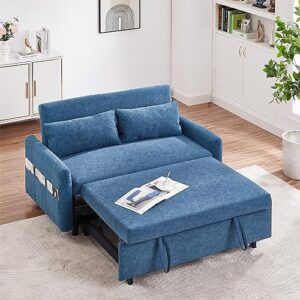 merax 55.1" loveseat sofa couch with pull out bed, 3 in 1 convertible velvet sleeper sofa bed with adjustable backrest & 2 soft pillows, storage pockets for apartment, office, living room (blue)