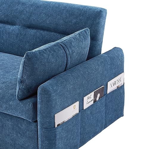 Merax 55.1" Loveseat Sofa Couch with Pull Out Bed, 3 in 1 Convertible Velvet Sleeper Sofa Bed with Adjustable Backrest & 2 Soft Pillows, Storage Pockets for Apartment, Office, Living Room (Blue)