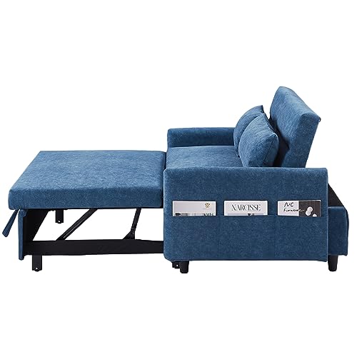 Merax 55.1" Loveseat Sofa Couch with Pull Out Bed, 3 in 1 Convertible Velvet Sleeper Sofa Bed with Adjustable Backrest & 2 Soft Pillows, Storage Pockets for Apartment, Office, Living Room (Blue)