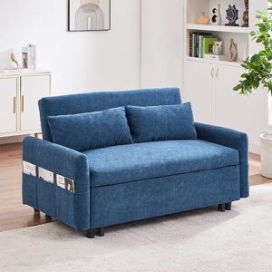 Merax 55.1" Loveseat Sofa Couch with Pull Out Bed, 3 in 1 Convertible Velvet Sleeper Sofa Bed with Adjustable Backrest & 2 Soft Pillows, Storage Pockets for Apartment, Office, Living Room (Blue)