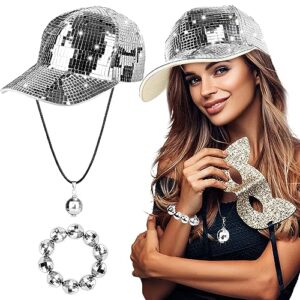 disco baseball cap silver sequin party hats with disco ball necklace and sparkly mirror disco bracelet women light up hat bling glitter dance cap for girls party costume accessories cosplay dress up