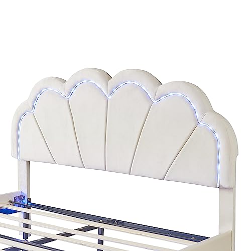 Floating Bed Frame Queen Size with LED Lights, Queen LED Bed Frame with Elegant Flowers Headboard, Smart Velvet Upholstered Platform Bed with Wooden Slats Support, Queen Size, Beige