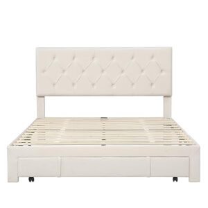 OTRIEK Queen Size Velvet Upholstered Platform Bed Frames with Large Storage Drawer/Headboard, Mid-Century Modern Platform Bed with Solid Wood Slat Support for Bedroom Boys Girls Adults Teens, Beige