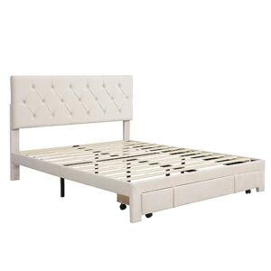 OTRIEK Queen Size Velvet Upholstered Platform Bed Frames with Large Storage Drawer/Headboard, Mid-Century Modern Platform Bed with Solid Wood Slat Support for Bedroom Boys Girls Adults Teens, Beige