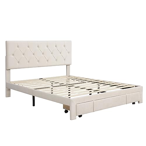 OTRIEK Queen Size Velvet Upholstered Platform Bed Frames with Large Storage Drawer/Headboard, Mid-Century Modern Platform Bed with Solid Wood Slat Support for Bedroom Boys Girls Adults Teens, Beige