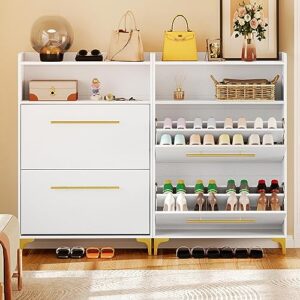 YITAHOME Shoe Cabinet with 2 Flip Drawers, Modern Shoe Storage Cabinet with Open Shelves for Entryway, Free Standing Hidden Shoe Rack Storage Organizer with Gold Metal Handle and Legs, White