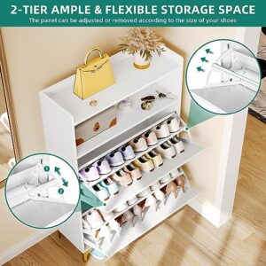 YITAHOME Shoe Cabinet with 2 Flip Drawers, Modern Shoe Storage Cabinet with Open Shelves for Entryway, Free Standing Hidden Shoe Rack Storage Organizer with Gold Metal Handle and Legs, White