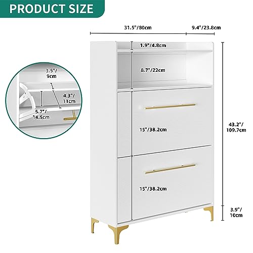 YITAHOME Shoe Cabinet with 2 Flip Drawers, Modern Shoe Storage Cabinet with Open Shelves for Entryway, Free Standing Hidden Shoe Rack Storage Organizer with Gold Metal Handle and Legs, White