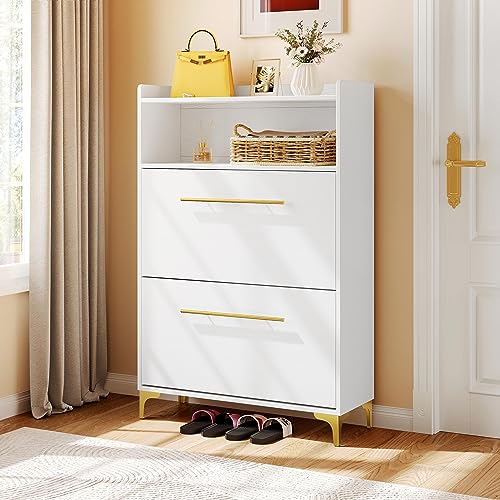 YITAHOME Shoe Cabinet with 2 Flip Drawers, Modern Shoe Storage Cabinet with Open Shelves for Entryway, Free Standing Hidden Shoe Rack Storage Organizer with Gold Metal Handle and Legs, White