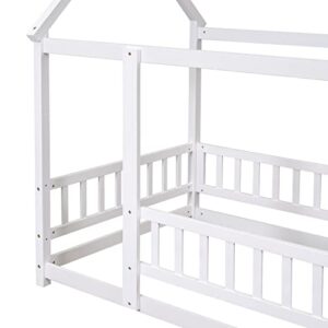Bellemave Twin Size House Floor Bed,Wooden Montessori Bed with Fence and Roof for Kids,Playhouse Twin Bed Frame for Girls,Boys(Twin,White)