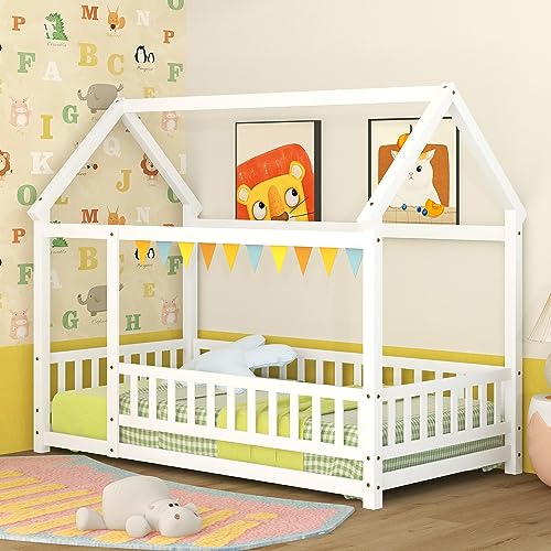 Bellemave Twin Size House Floor Bed,Wooden Montessori Bed with Fence and Roof for Kids,Playhouse Twin Bed Frame for Girls,Boys(Twin,White)