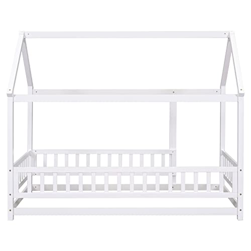 Bellemave Twin Size House Floor Bed,Wooden Montessori Bed with Fence and Roof for Kids,Playhouse Twin Bed Frame for Girls,Boys(Twin,White)