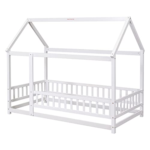 Bellemave Twin Size House Floor Bed,Wooden Montessori Bed with Fence and Roof for Kids,Playhouse Twin Bed Frame for Girls,Boys(Twin,White)