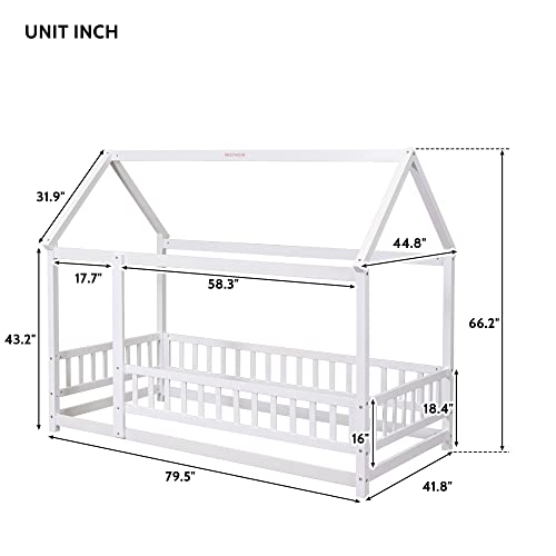 Bellemave Twin Size House Floor Bed,Wooden Montessori Bed with Fence and Roof for Kids,Playhouse Twin Bed Frame for Girls,Boys(Twin,White)