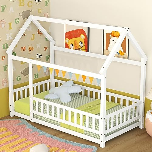 Bellemave Twin Size House Floor Bed,Wooden Montessori Bed with Fence and Roof for Kids,Playhouse Twin Bed Frame for Girls,Boys(Twin,White)