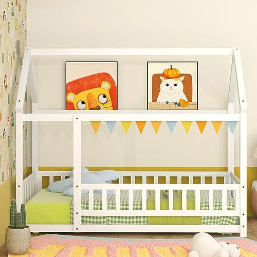 Bellemave Twin Size House Floor Bed,Wooden Montessori Bed with Fence and Roof for Kids,Playhouse Twin Bed Frame for Girls,Boys(Twin,White)