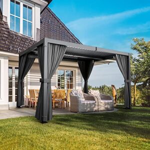 HAPPATIO Louvered Pergola 10x13 Outdoor Pergola, Metal Pergola with Adjustable Rainproof Roof, Patio Pergola with Curtains and Mosquito Nets, Aluminum Pergola for Patio, Backyard, Deck, Garden (Gray)