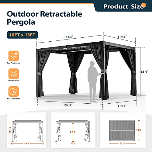 HAPPATIO Louvered Pergola 10x13 Outdoor Pergola, Metal Pergola with Adjustable Rainproof Roof, Patio Pergola with Curtains and Mosquito Nets, Aluminum Pergola for Patio, Backyard, Deck, Garden (Gray)