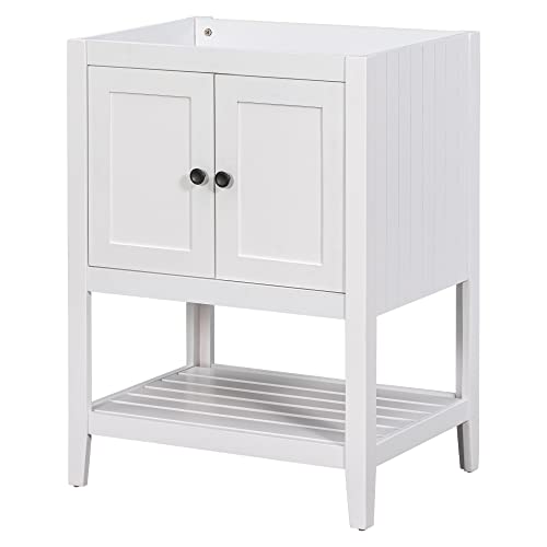 EMKK 24" Under Sink Storage Cabinet with 2 Doors and Open Shelf, PedestalSink Bathroom Vanity, Space Saver Organizer, White