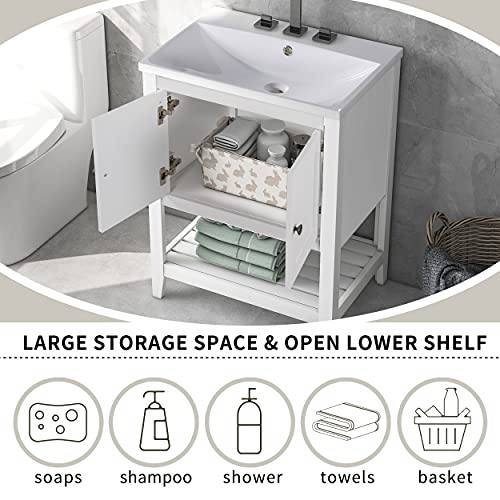 EMKK 24" Under Sink Storage Cabinet with 2 Doors and Open Shelf, PedestalSink Bathroom Vanity, Space Saver Organizer, White