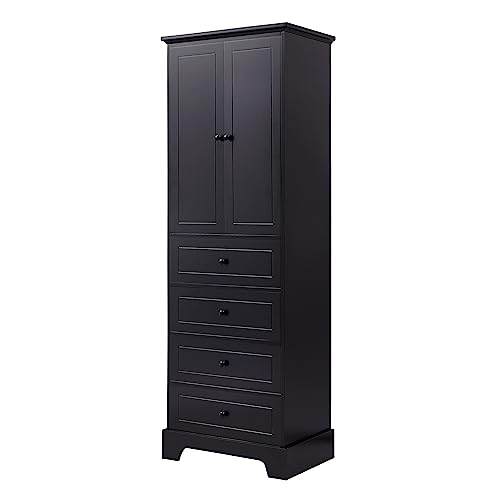 HAUSHECK Free Standing Bathroom Storage Cabinets with 4, Shelves & Doors, Utility, 68.1nch Height, Black w/Drawers