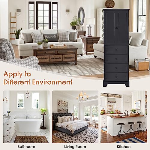 HAUSHECK Free Standing Bathroom Storage Cabinets with 4, Shelves & Doors, Utility, 68.1nch Height, Black w/Drawers