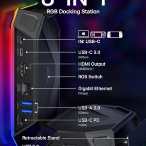 JSAUX RGB Docking Station for Steam Deck & ROG Ally, 8-in-1 Steam Deck Dock with HDMI 2.0 4K@60Hz, Gigabit Ethernet, USB-C 3.0, Dual USB-A 3.0, USB 2.0 and 100W USB-C Charging Port-HB0801(Black)