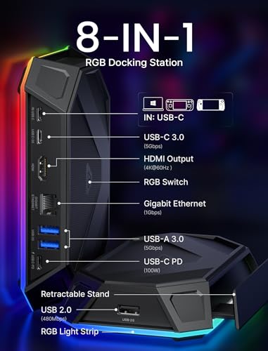 JSAUX RGB Docking Station for Steam Deck & ROG Ally, 8-in-1 Steam Deck Dock with HDMI 2.0 4K@60Hz, Gigabit Ethernet, USB-C 3.0, Dual USB-A 3.0, USB 2.0 and 100W USB-C Charging Port-HB0801(Black)