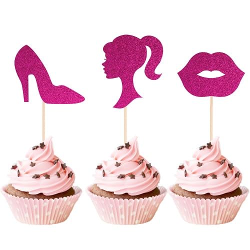 ALISSAR 27-Pack Glitter Hot Pink Princess Cupcake Toppers-Doll Head, Lip, High Heel-Cupcake Topper Cake Topper for Girls Birthday Party Decorations