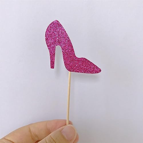 ALISSAR 27-Pack Glitter Hot Pink Princess Cupcake Toppers-Doll Head, Lip, High Heel-Cupcake Topper Cake Topper for Girls Birthday Party Decorations
