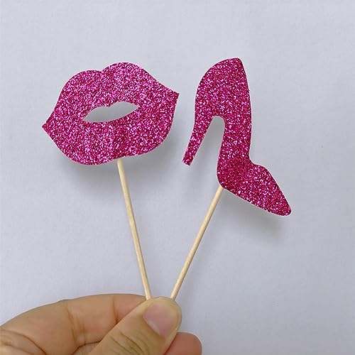 ALISSAR 27-Pack Glitter Hot Pink Princess Cupcake Toppers-Doll Head, Lip, High Heel-Cupcake Topper Cake Topper for Girls Birthday Party Decorations