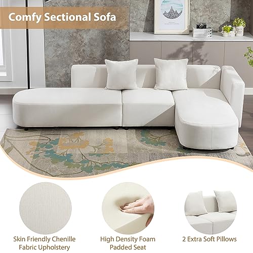 Tmsan 110.2" Sectional Sofa Couch for Living Room, Modern Chenille Upholstered Sofa L Shaped 4 Seater Modular Sectional Couch with Chaise & 2 Pillows for Bedroom Office Apartment (Beige)