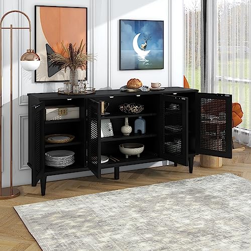 Merax Black Modern Rustic Wood Buffet Sideboard with Storage Shelf, 4 Rattan Doors Coffee Bar Cabinet TV Stand for Bedroom Living Dinning Room Kitchen, 1 Set