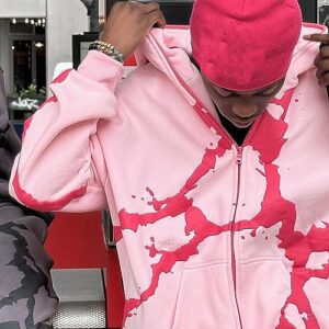 Soosuihoo Pink Spider Full Zip Hoodie Y2k Rhinestone Skull Streetwear Skeleton Hoodies Goth Grunge Oversized Jacket (L, Pink)