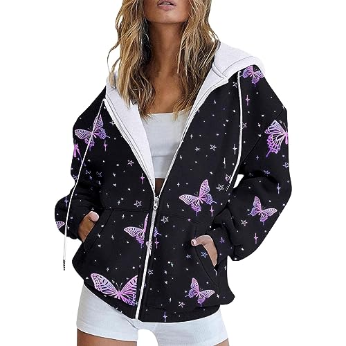 Zip Up Hoodies for Women Teen Girls Fall Long Sleeve Jacket Cute Drawstring Zip up Hoodie Oversized Y2k Sweatshirts Pockets