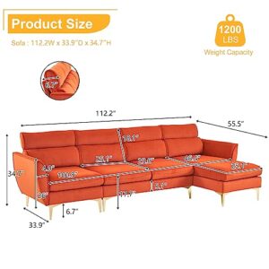 Imbesty Convertible Sectional Sofa Couch, 4-Seater Lattice Flannel Upholstered Sofa Couch with Reversible Chaise, L-Shaped Highback Living Room Furniture (Orange)