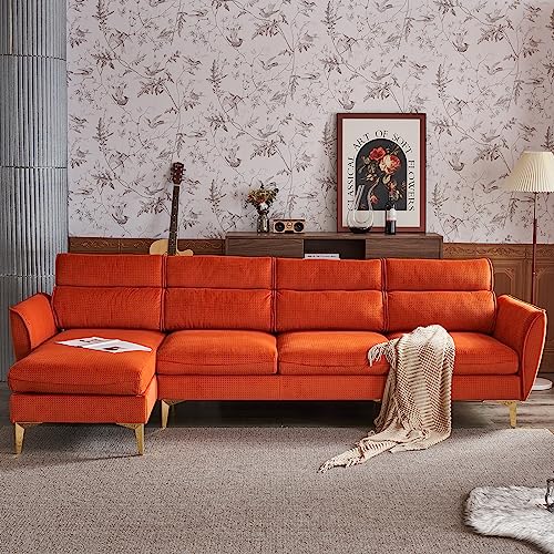Imbesty Convertible Sectional Sofa Couch, 4-Seater Lattice Flannel Upholstered Sofa Couch with Reversible Chaise, L-Shaped Highback Living Room Furniture (Orange)