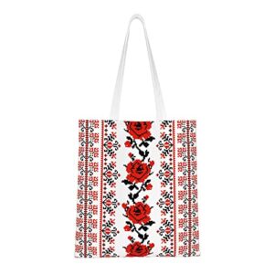 vacsax canvas tote bag for women reusable shopping bags ukrainian embroidery style rose print shoulder handbag aesthetic totes for grocery