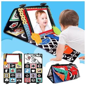 baby toys tummy time mirror: infant black white high contrast sensory toy with crinkle book 0 3 6 9 12 18 month old newborn montessori activity babies gifts for boy girl 0-6 6-12 months