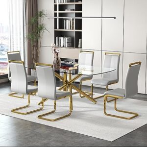 FURNITO Glass Dining Table,Gold Dining Room Table,Transparent Glass Kitchen Table with Golden Chrome Legs,71'' Oval Glass Dining Table Ideal for Living Room Home Office(6-8 People)