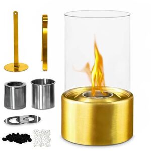 gold table top firepit - elegant portable tabletop fireplace with protective glass & bioethanol or alcohol burner - perfect for patio decor & housewarming gifts - tabletop firepit indoor & outdoor.