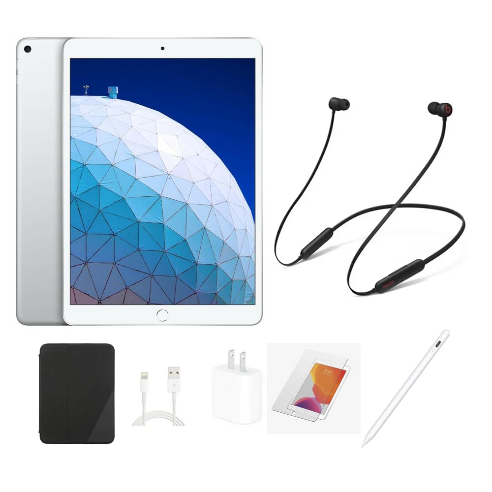 Apple iPad Air 3rd Gen 64GB | Silver | Wi-Fi Only | Bundle: Case, Tempered Glass, Rapid Charger, Pen, Bluetooth Headset (Renewed)