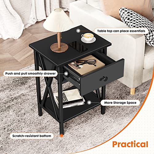 Sweetcrispy Nightstands Set of 2 Bedside Tables Night Stand with Storage Drawer, Side Tables End Table for Bedroom Living Room (Black)