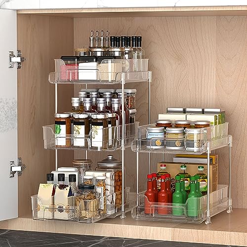 Wilitto Under Sink Organizers and Storage, Clear Pull-Out Organizers, 2 Tier Sliding Cabinet Basket Organizer, Under Sink Shelves, Under Kitchen Cabinet Vanity Countertop Organizer Dual Layer