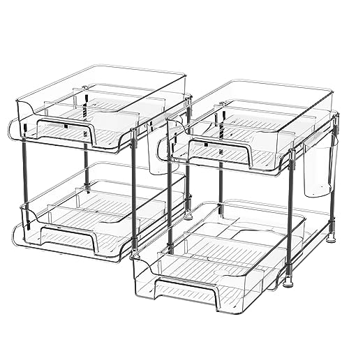 Wilitto Under Sink Organizers and Storage, Clear Pull-Out Organizers, 2 Tier Sliding Cabinet Basket Organizer, Under Sink Shelves, Under Kitchen Cabinet Vanity Countertop Organizer Dual Layer