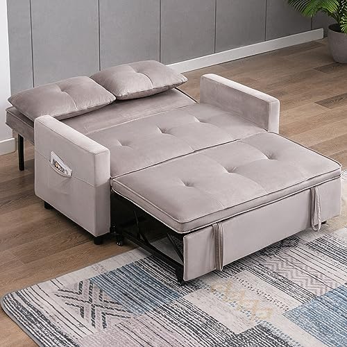 BALUS Loveseat Sofa, Convertible Sofa Bed with Side Pockets, 2 Seater Small Sleeper Sofa, Pull Out Couch for Living Room/Bedroom, Light Gray